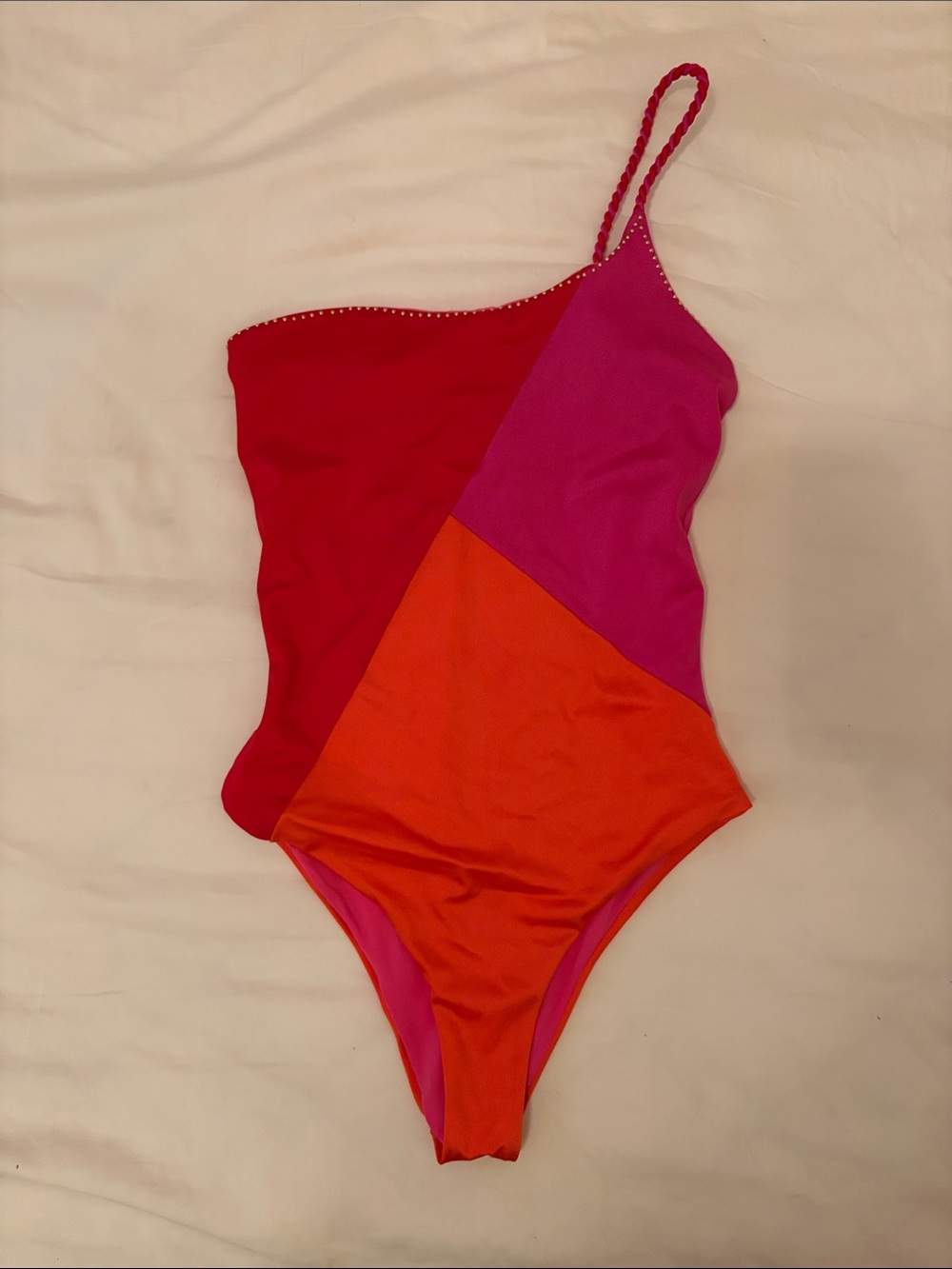Pin-Up Stars Pink, Red & Orange One-Shoulder Colorblock Swimsuit